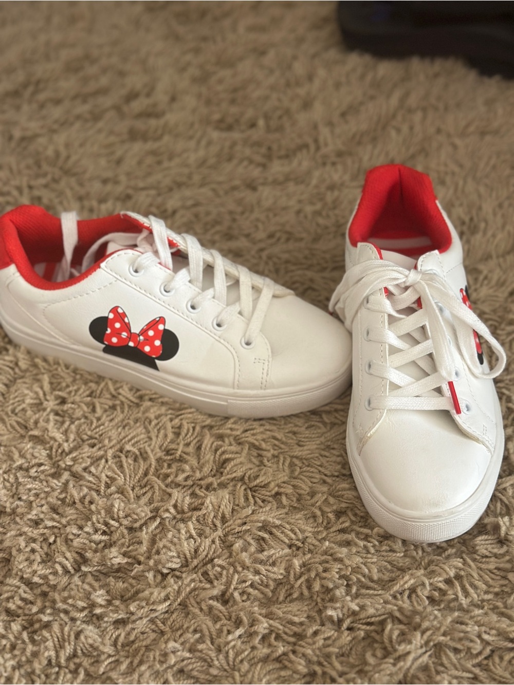 Disney White Sneakers with Red Minnie Bow Accents